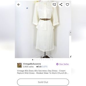 Vintage 80s Does 40s Medium Cream Peplum Midi Secretary Day Dress